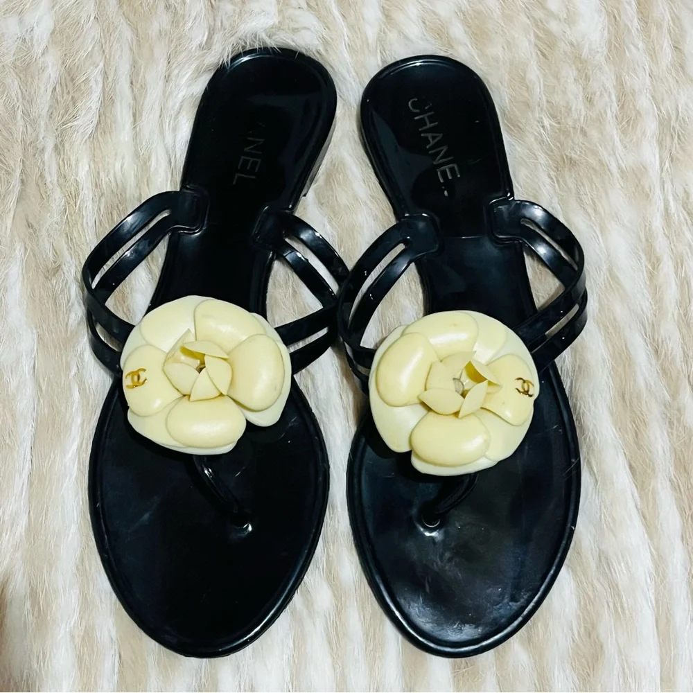 Chanel Camellia CC Logo Black Ivory Jelly Flat Sandals